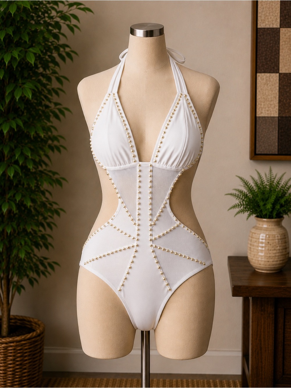 Swimbay Sz med gold studded Trim White Halter Cutout swimsuit